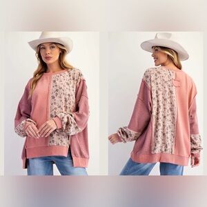 Easel Floral Patchwork Mixed Fabric Crewneck Top Colorblock Oversized NWOT
